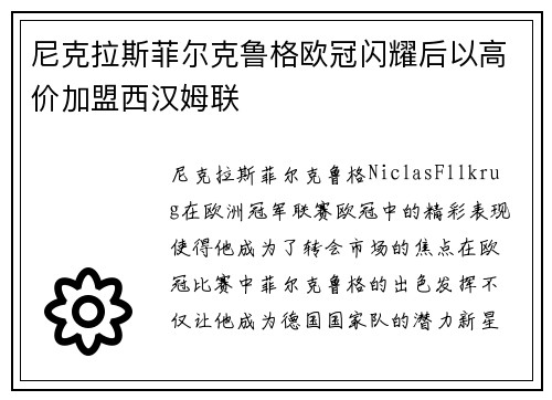 尼克拉斯菲尔克鲁格欧冠闪耀后以高价加盟西汉姆联