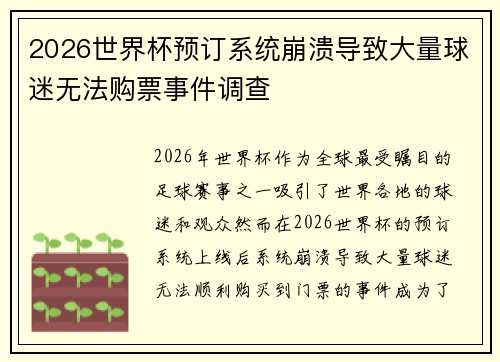 2026世界杯预订系统崩溃导致大量球迷无法购票事件调查